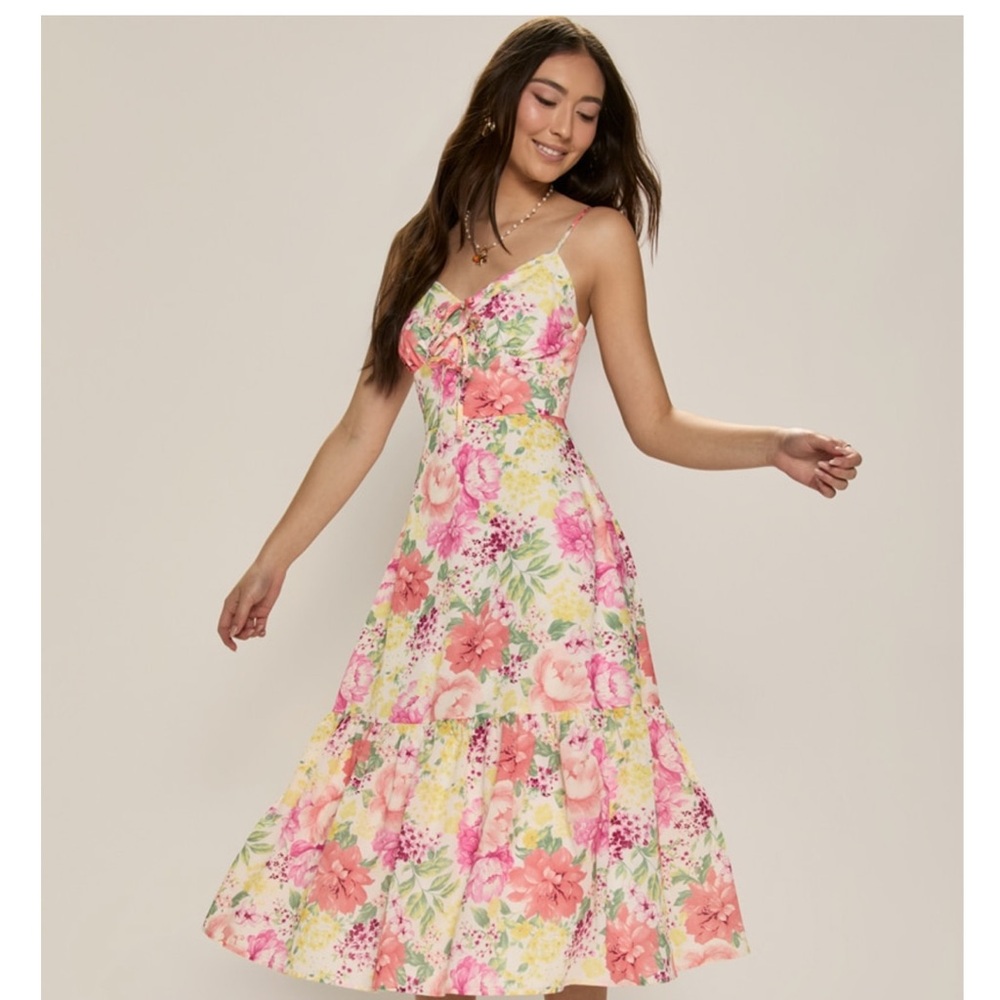 Francesca's Lauren Lace Up Floral Midi Dress - Pink and White Floral Midi Dress